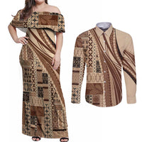 Pasifika Women's Day - Samoa Siapo Malu Tattoo Inspired Couples Matching Off Shoulder Maxi Dress and Long Sleeve Button Shirt Beige