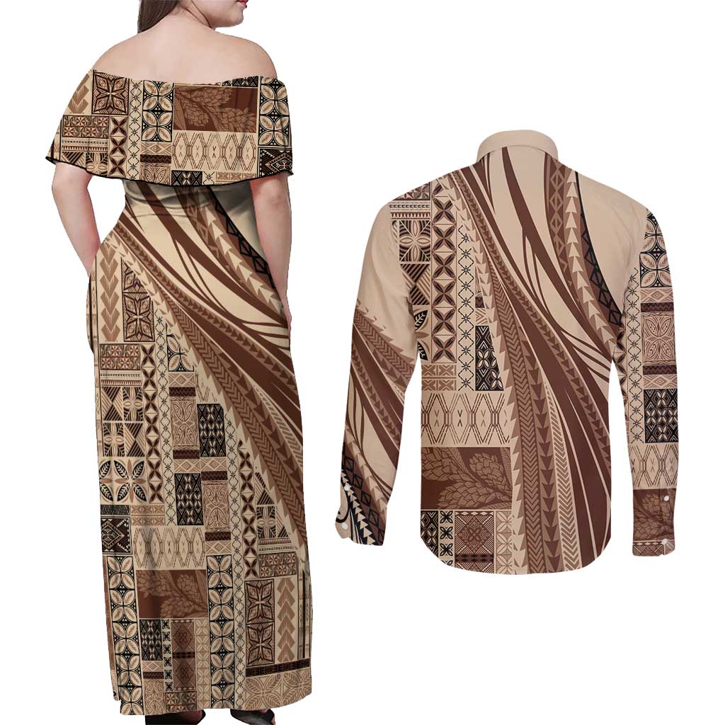 Pasifika Women's Day - Samoa Siapo Malu Tattoo Inspired Couples Matching Off Shoulder Maxi Dress and Long Sleeve Button Shirt Beige