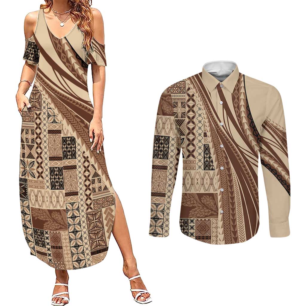 Pasifika Women's Day - Samoa Siapo Malu Tattoo Inspired Couples Matching Summer Maxi Dress and Long Sleeve Button Shirt Beige LT7 Beige - Polynesian Pride