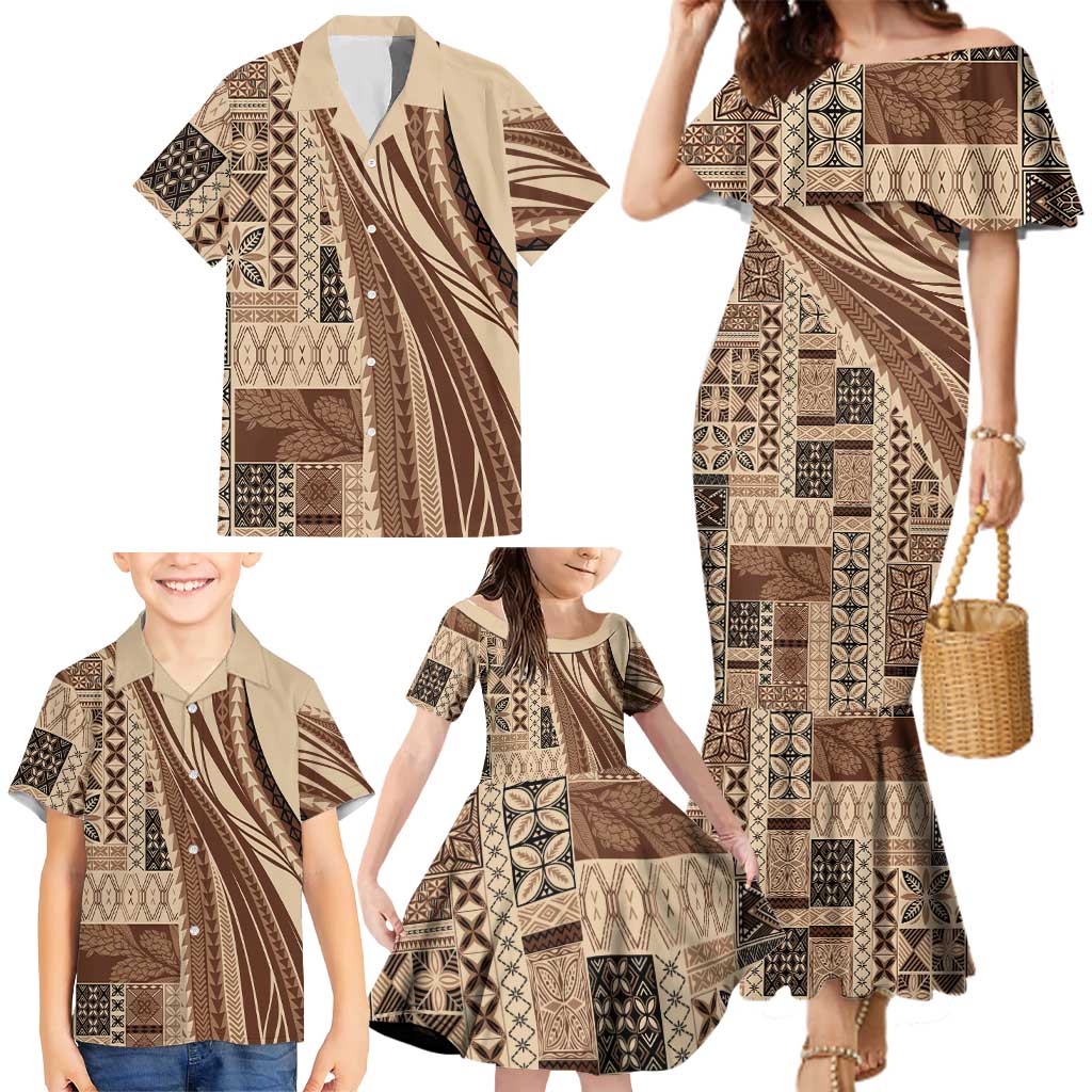 Pasifika Women's Day - Samoa Siapo Malu Tattoo Inspired Family Matching Mermaid Dress and Hawaiian Shirt Beige