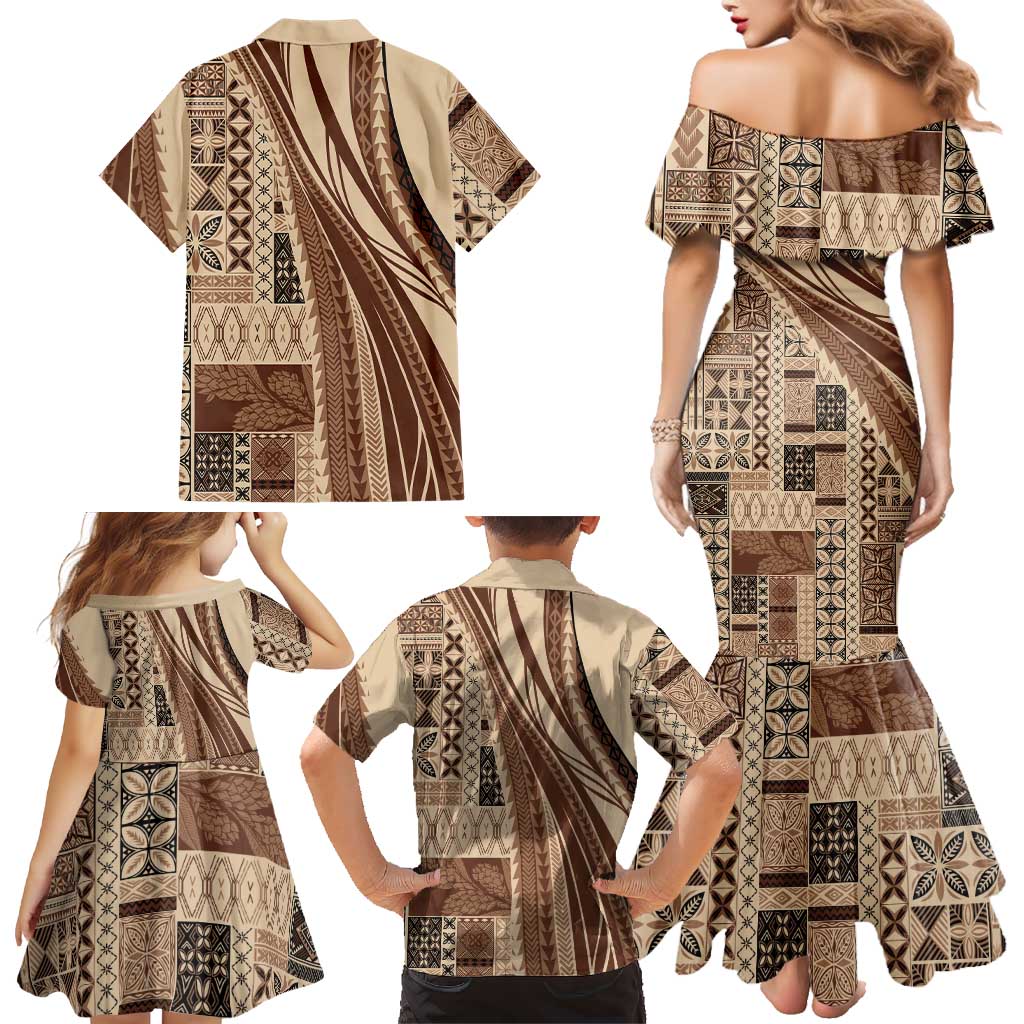 Pasifika Women's Day - Samoa Siapo Malu Tattoo Inspired Family Matching Mermaid Dress and Hawaiian Shirt Beige