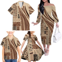 Pasifika Women's Day - Samoa Siapo Malu Tattoo Inspired Family Matching Off The Shoulder Long Sleeve Dress and Hawaiian Shirt Beige