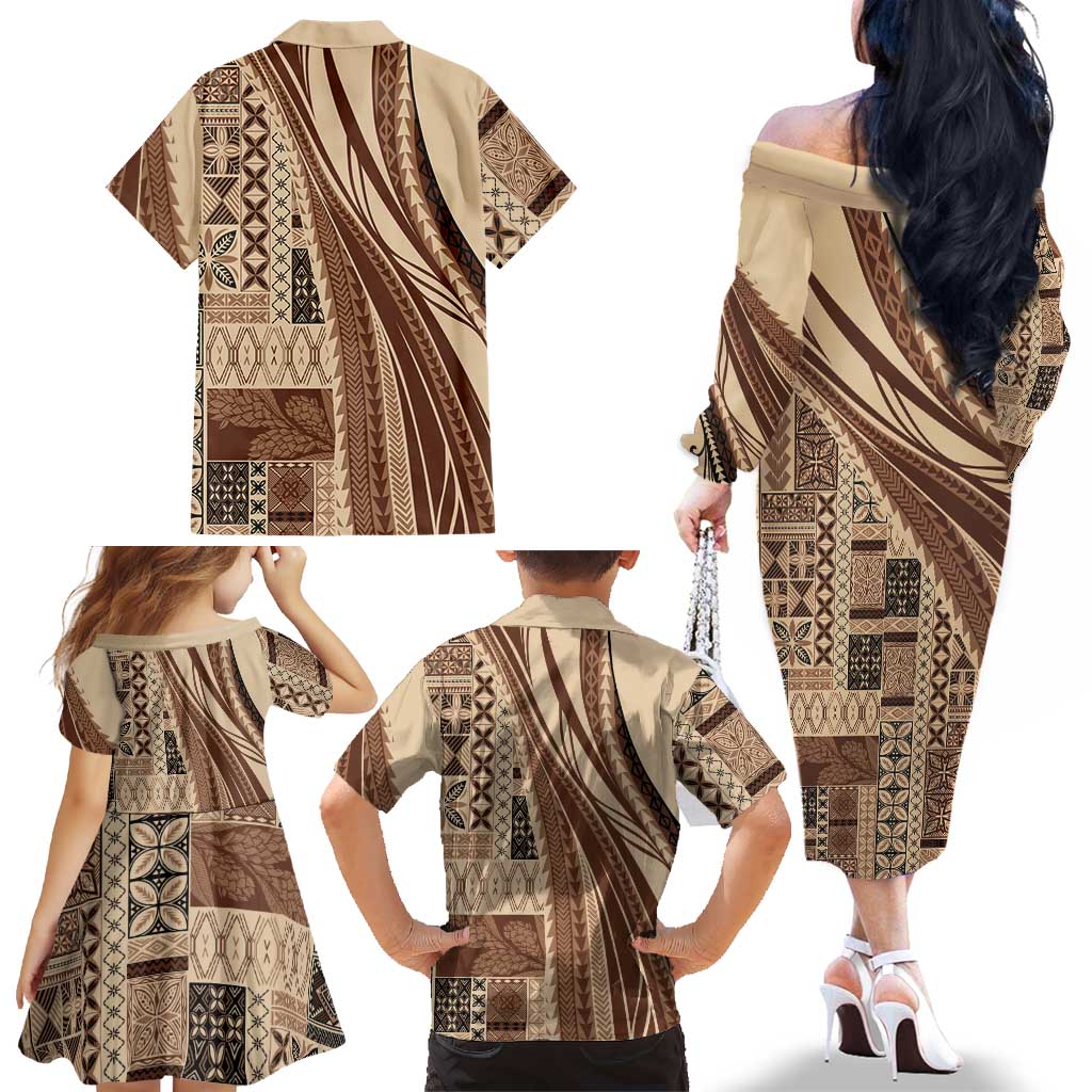 Pasifika Women's Day - Samoa Siapo Malu Tattoo Inspired Family Matching Off The Shoulder Long Sleeve Dress and Hawaiian Shirt Beige