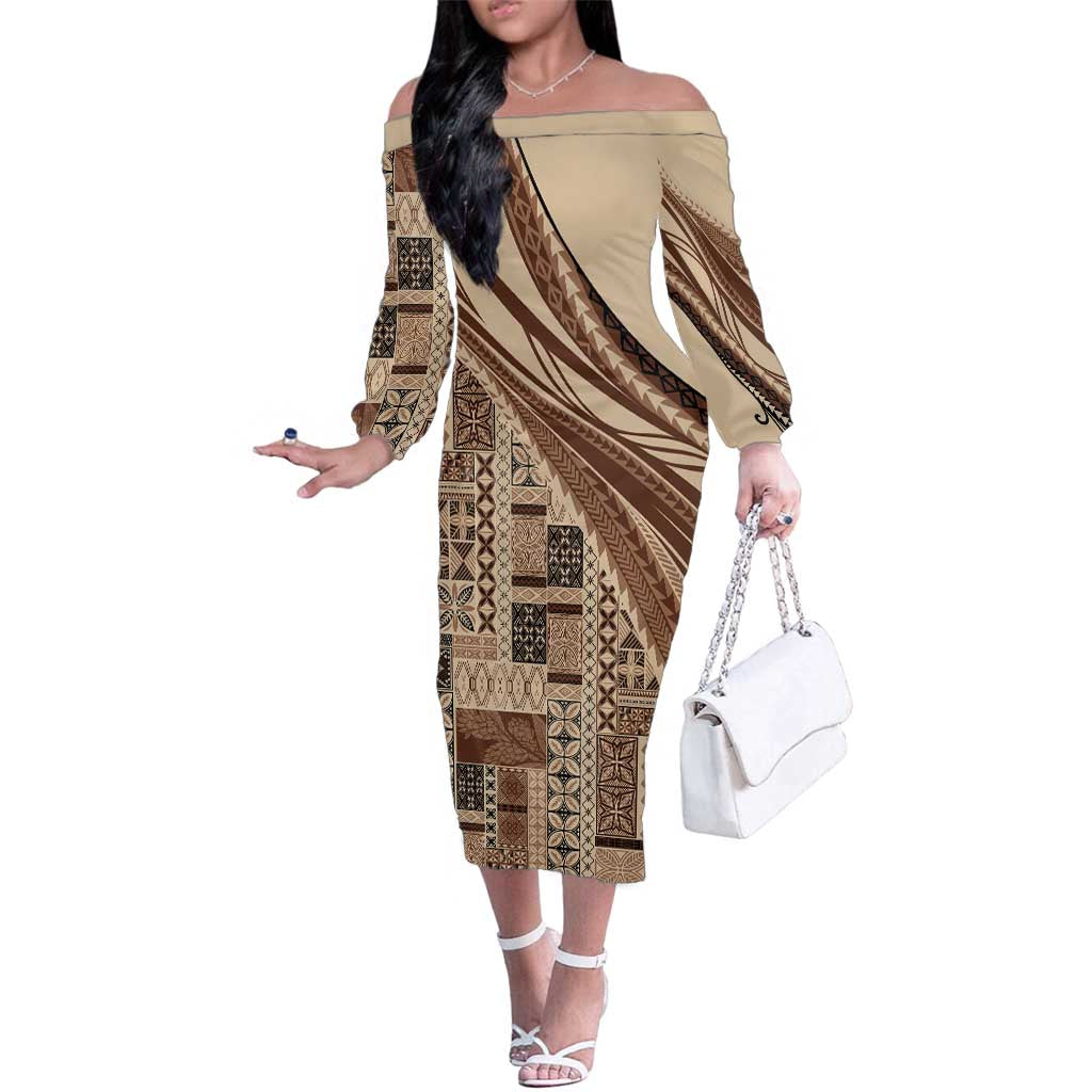 Pasifika Women's Day - Samoa Siapo Malu Tattoo Inspired Family Matching Off The Shoulder Long Sleeve Dress and Hawaiian Shirt Beige