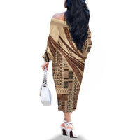 Pasifika Women's Day - Samoa Siapo Malu Tattoo Inspired Family Matching Off The Shoulder Long Sleeve Dress and Hawaiian Shirt Beige