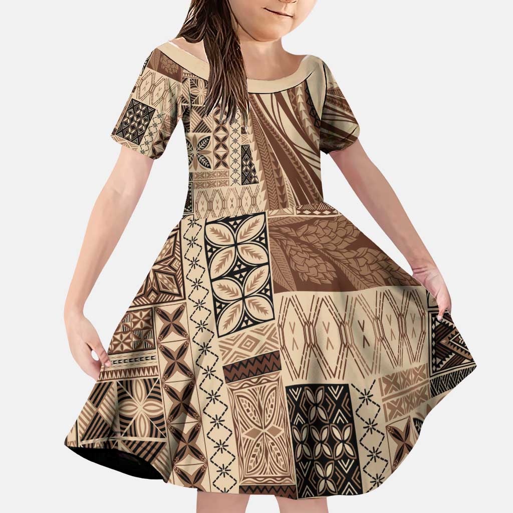 Pasifika Women's Day - Samoa Siapo Malu Tattoo Inspired Family Matching Short Sleeve Bodycon Dress and Hawaiian Shirt Beige