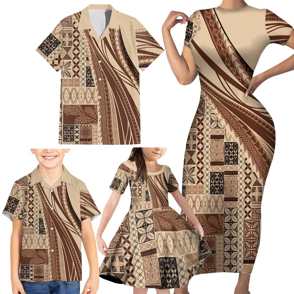Pasifika Women's Day - Samoa Siapo Malu Tattoo Inspired Family Matching Short Sleeve Bodycon Dress and Hawaiian Shirt Beige