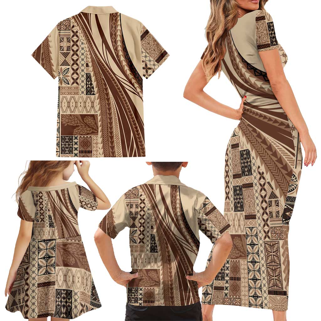 Pasifika Women's Day - Samoa Siapo Malu Tattoo Inspired Family Matching Short Sleeve Bodycon Dress and Hawaiian Shirt Beige