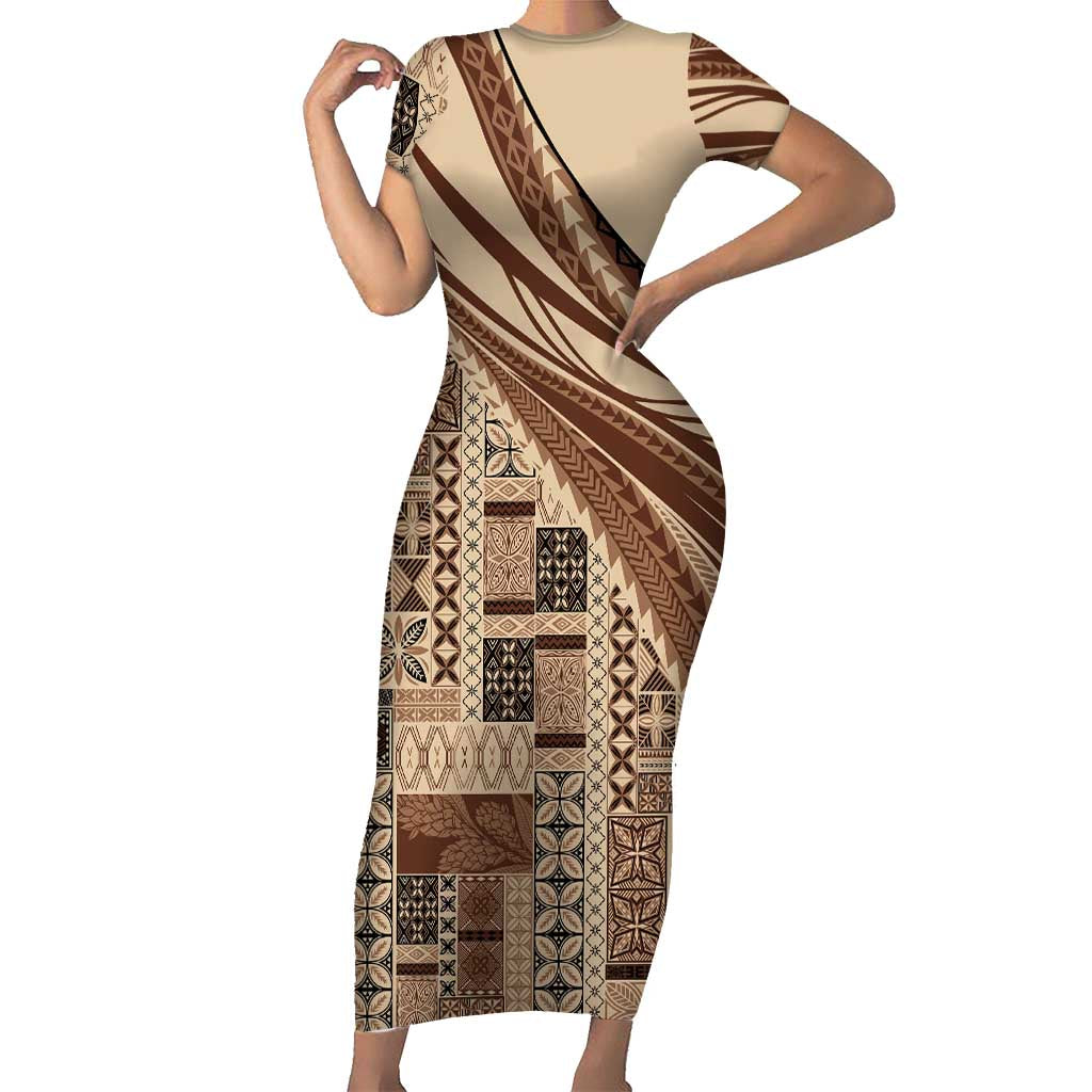 Pasifika Women's Day - Samoa Siapo Malu Tattoo Inspired Family Matching Short Sleeve Bodycon Dress and Hawaiian Shirt Beige