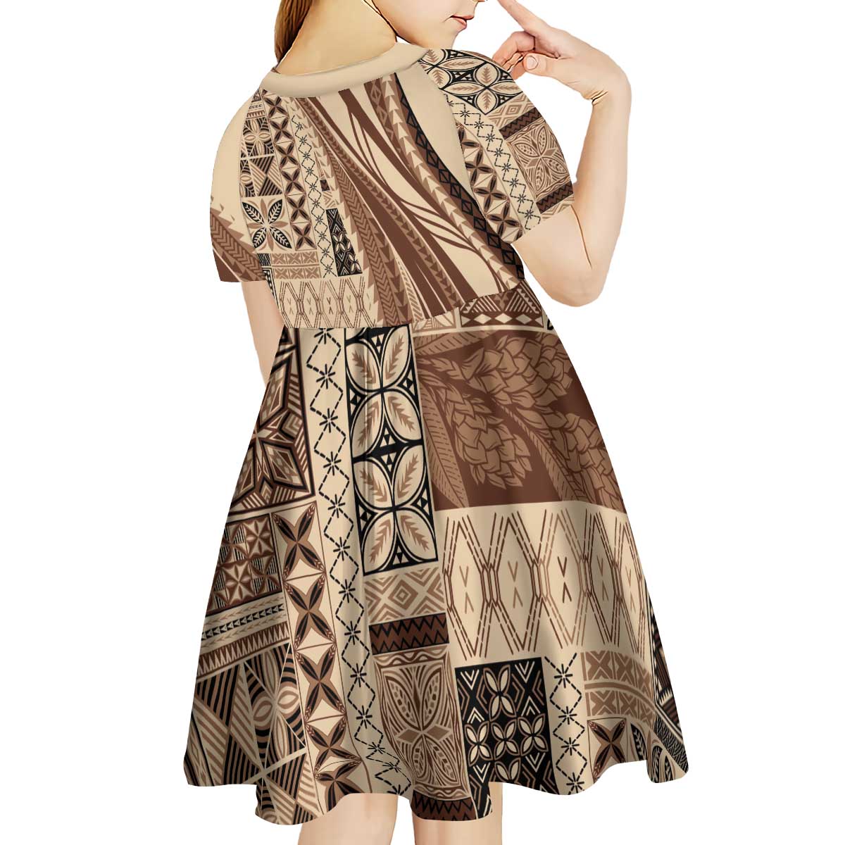 Pasifika Women's Day - Samoa Siapo Malu Tattoo Inspired Kid Short Sleeve Dress Beige LT7 - Polynesian Pride
