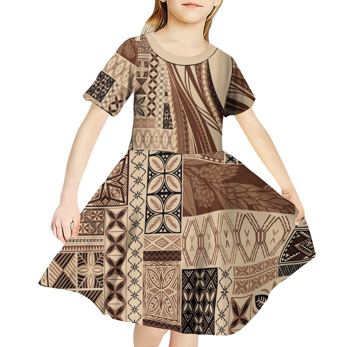 Pasifika Women's Day - Samoa Siapo Malu Tattoo Inspired Kid Short Sleeve Dress Beige LT7 - Polynesian Pride
