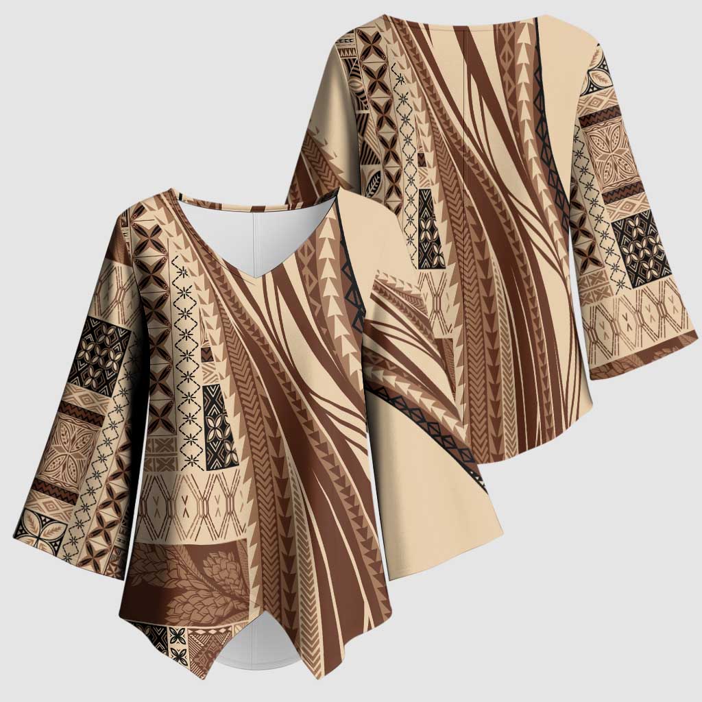 Pasifika Women's Day - Samoa Siapo Malu Tattoo Inspired Kimono Sleeve Blouse Beige