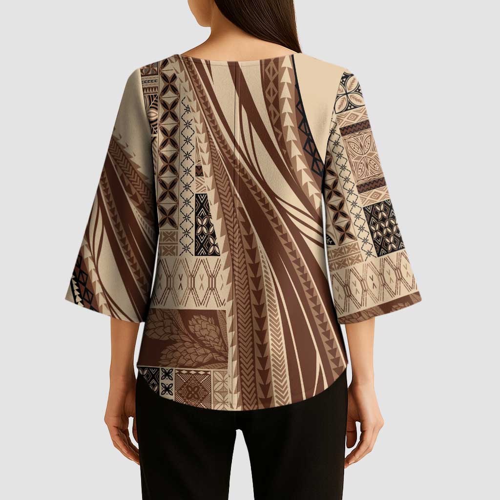 Pasifika Women's Day - Samoa Siapo Malu Tattoo Inspired Kimono Sleeve Blouse Beige