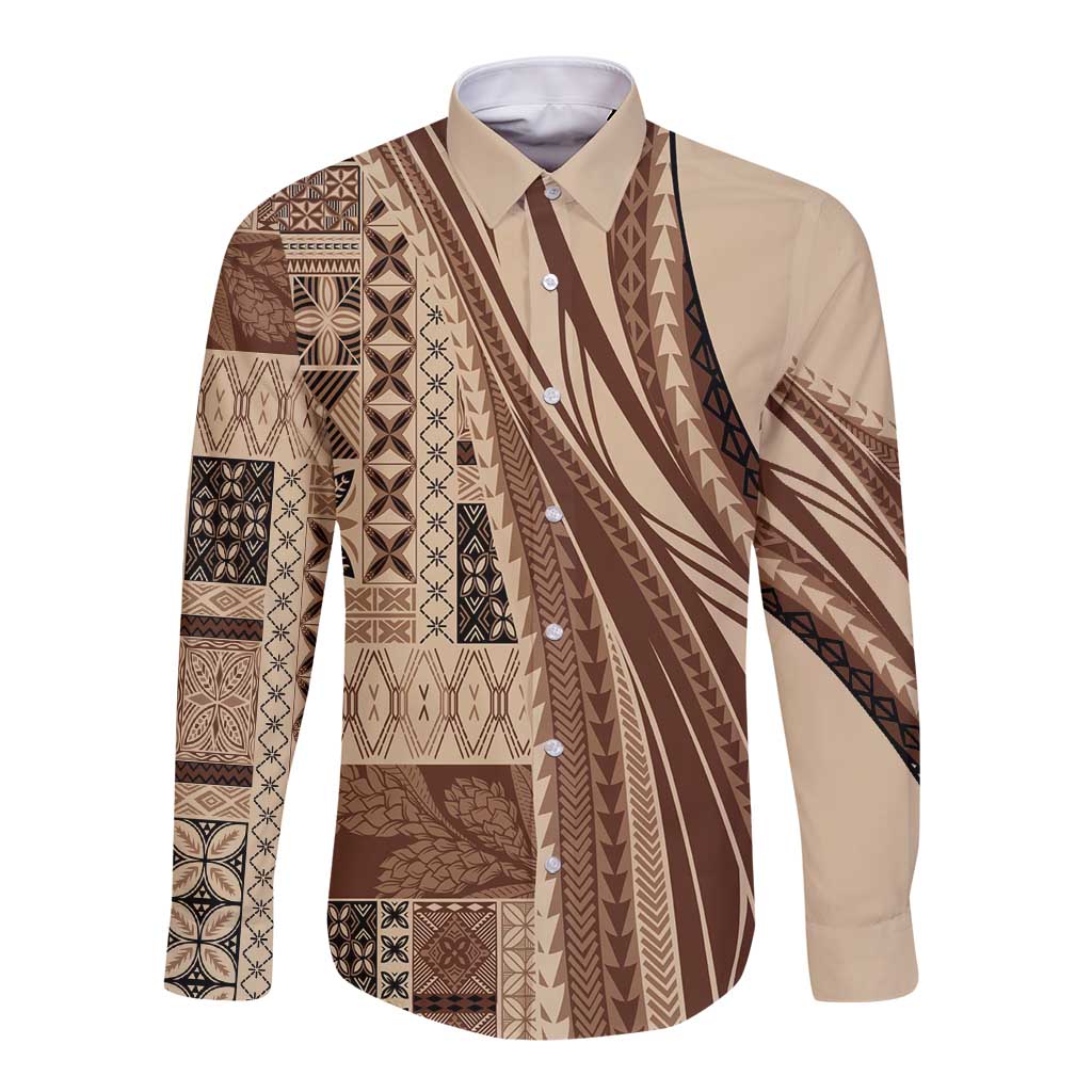 Pasifika Women's Day - Samoa Siapo Malu Tattoo Inspired Long Sleeve Button Shirt Beige LT7 Unisex Beige - Polynesian Pride