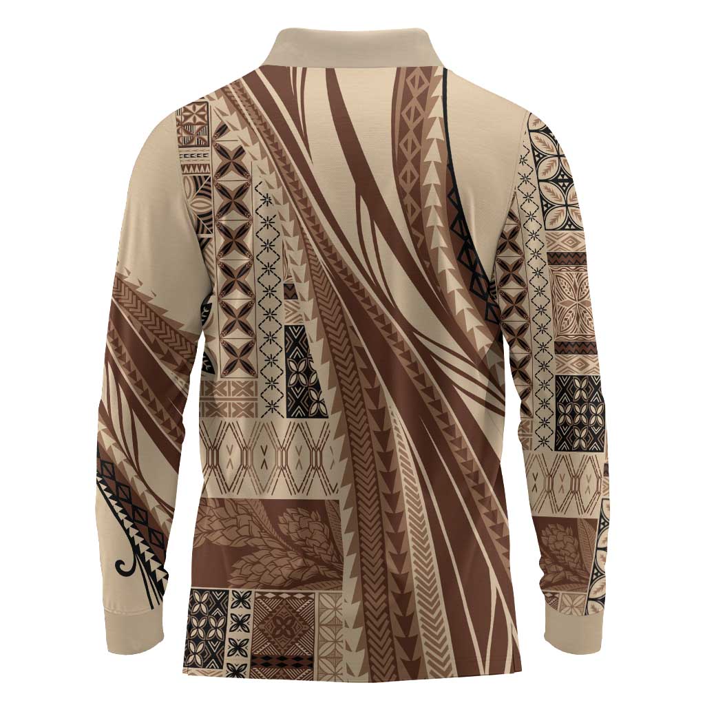 Pasifika Women's Day - Samoa Siapo Malu Tattoo Inspired Long Sleeve Polo Shirt Beige LT7 - Polynesian Pride