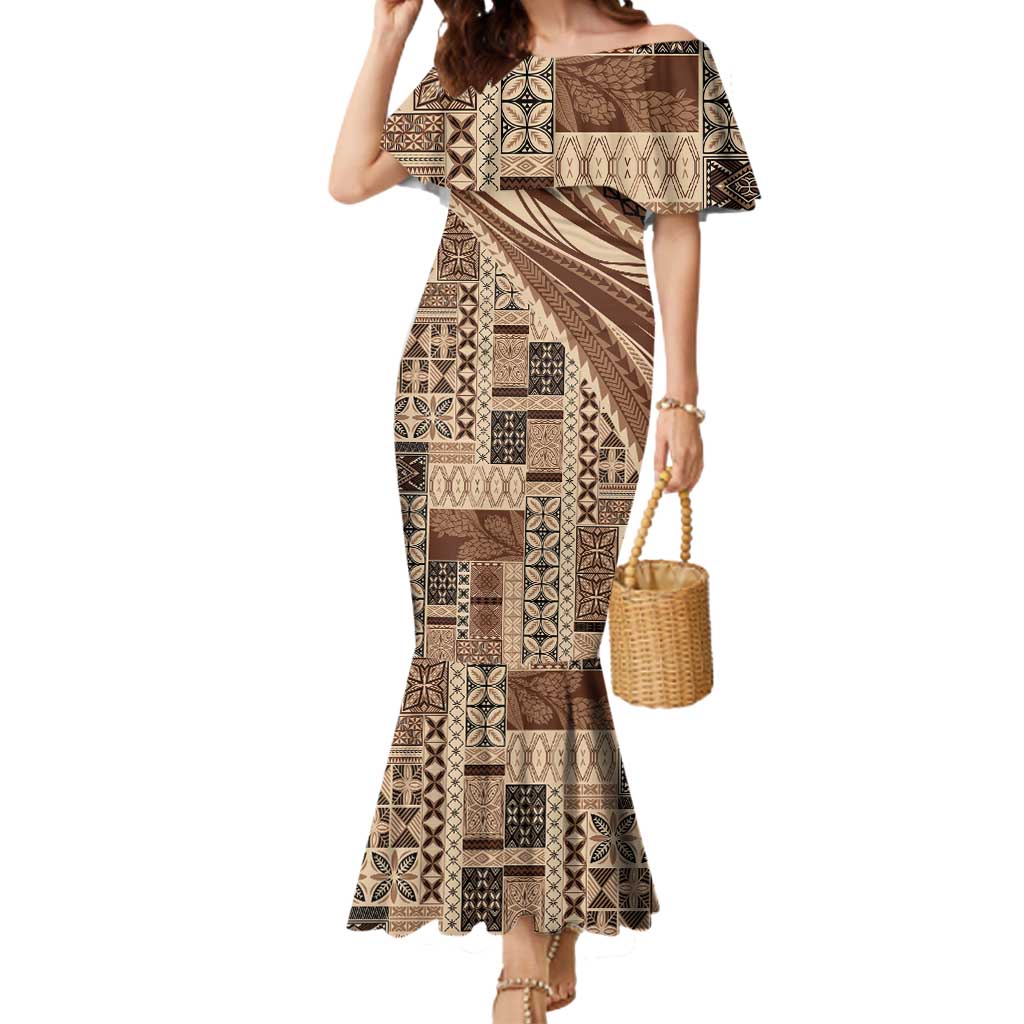Pasifika Women's Day - Samoa Siapo Malu Tattoo Inspired Mermaid Dress Beige LT7 Women Beige - Polynesian Pride