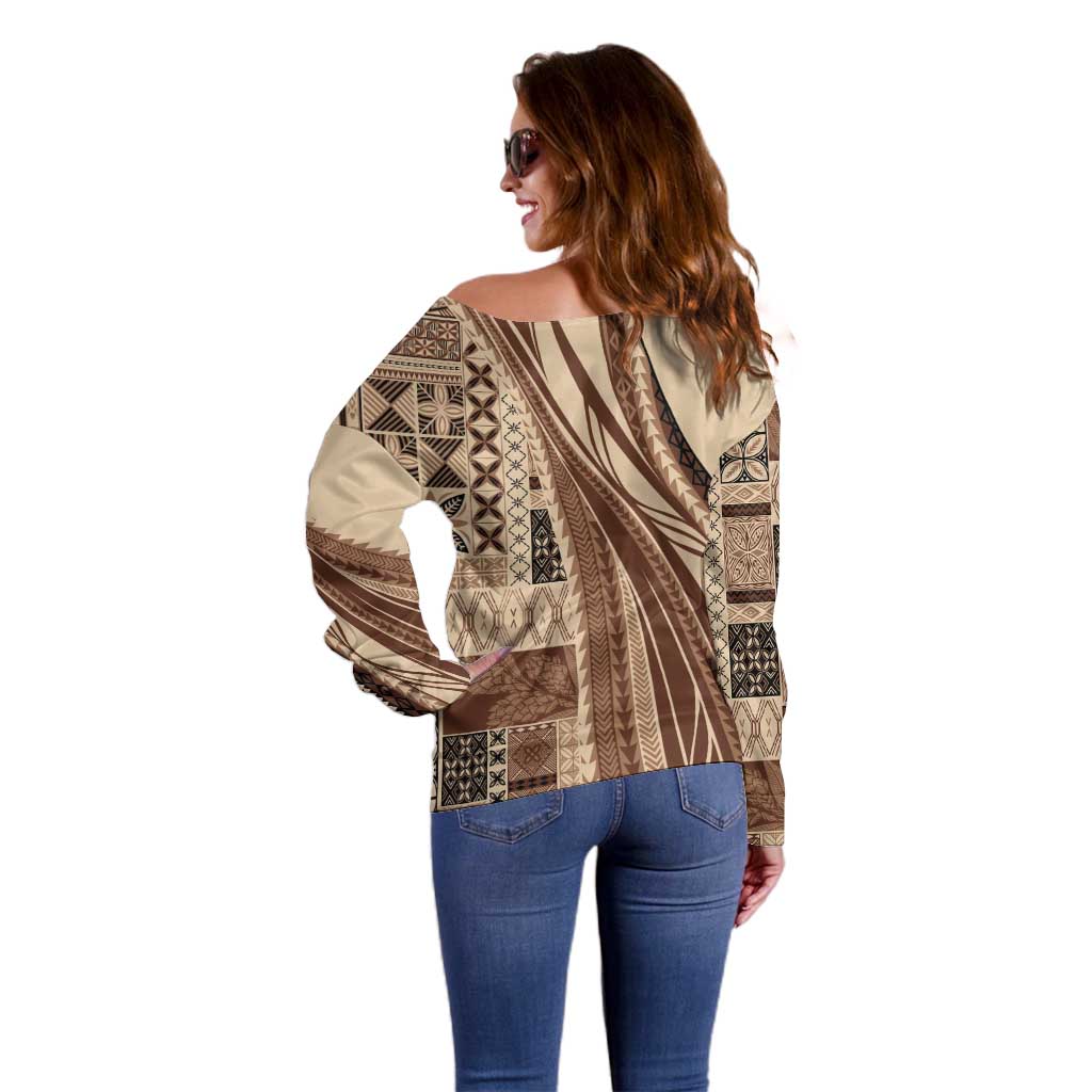 Pasifika Women's Day - Samoa Siapo Malu Tattoo Inspired Off Shoulder Sweater Beige LT7 - Polynesian Pride
