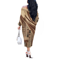 Pasifika Women's Day - Samoa Siapo Malu Tattoo Inspired Off The Shoulder Long Sleeve Dress Beige LT7 - Polynesian Pride