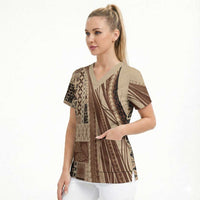 Pasifika Women's Day - Samoa Siapo Malu Tattoo Inspired Scrub Top Beige LT7 - Polynesian Pride