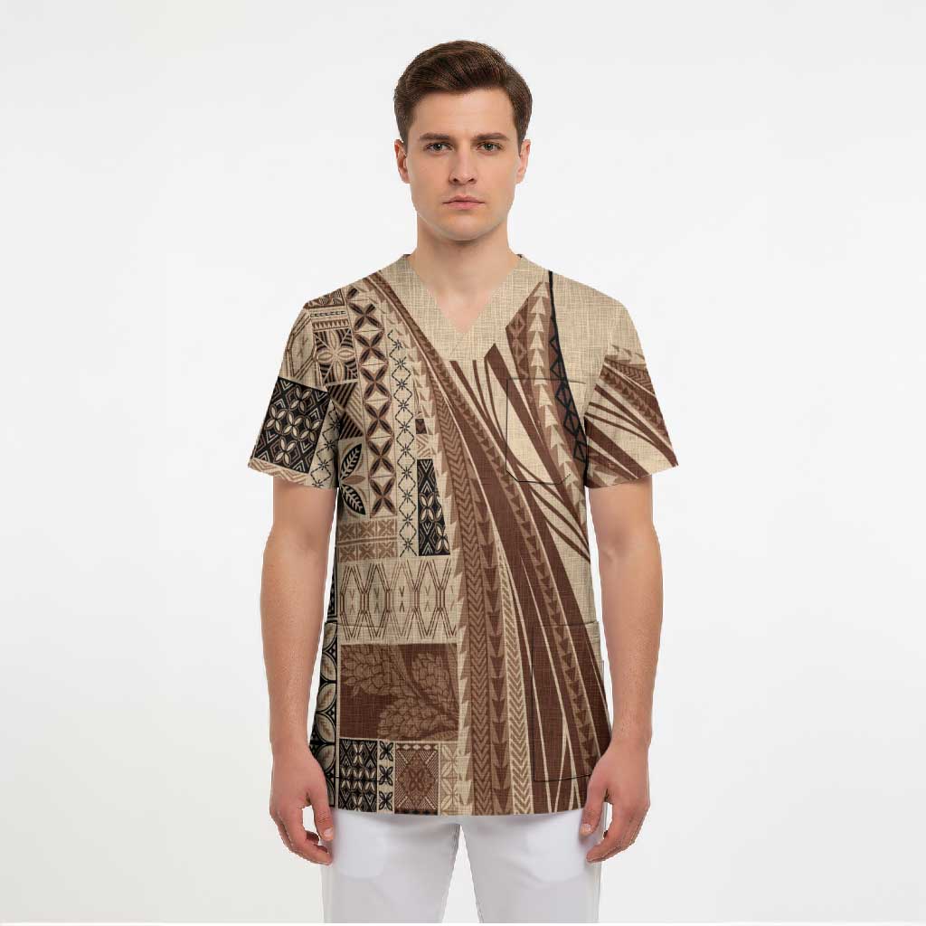 Pasifika Women's Day - Samoa Siapo Malu Tattoo Inspired Scrub Top Beige LT7 - Polynesian Pride