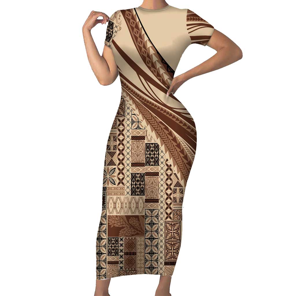 Pasifika Women's Day - Samoa Siapo Malu Tattoo Inspired Short Sleeve Bodycon Dress Beige LT7 Long Dress Beige - Polynesian Pride