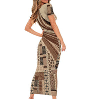 Pasifika Women's Day - Samoa Siapo Malu Tattoo Inspired Short Sleeve Bodycon Dress Beige LT7 - Polynesian Pride