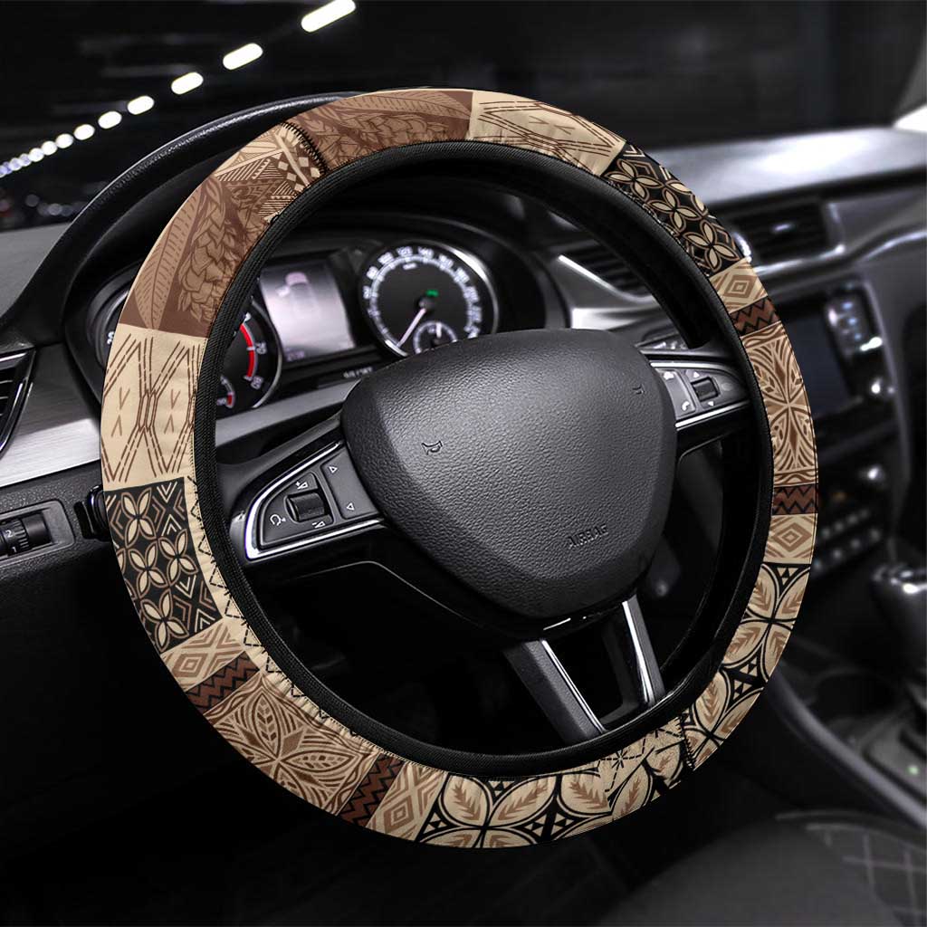 Pasifika Women's Day - Samoa Siapo Malu Tattoo Inspired Steering Wheel Cover Beige LT7 Universal Fit Beige - Polynesian Pride