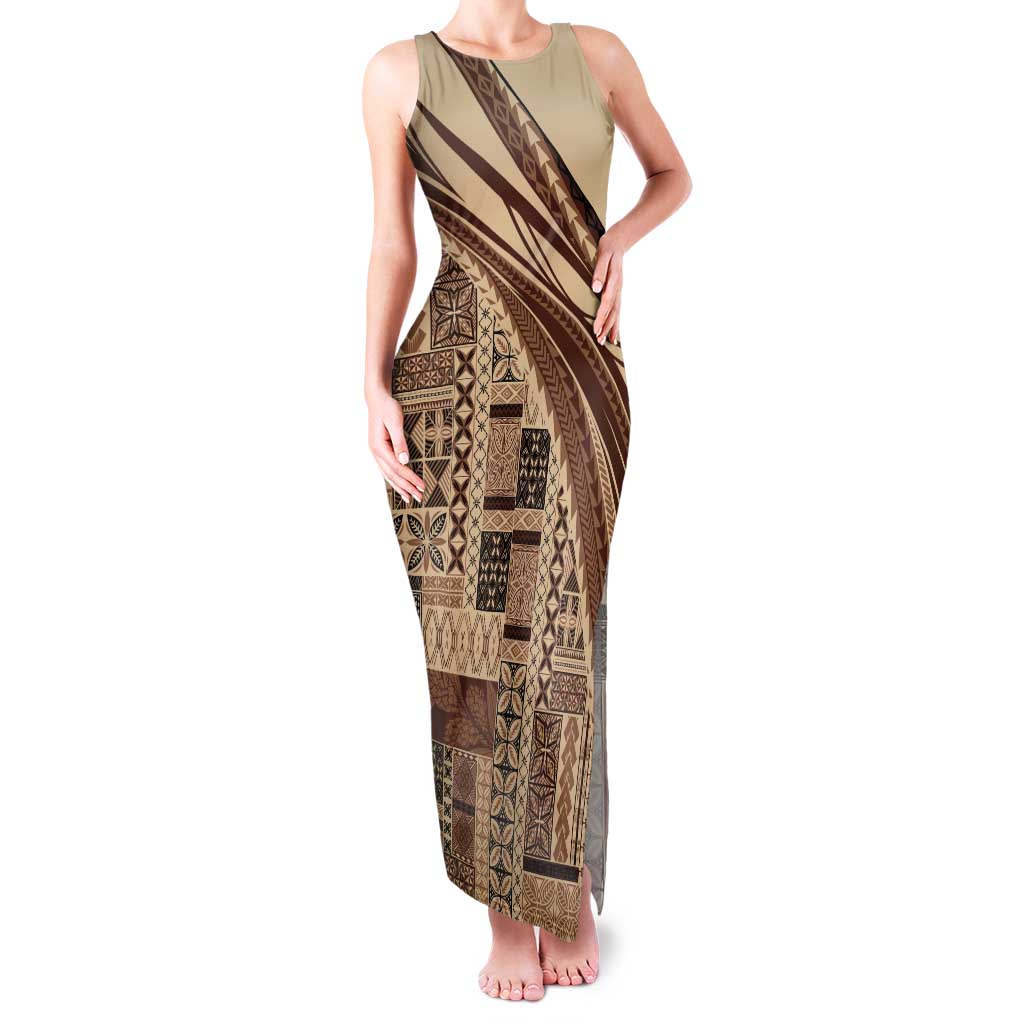 Pasifika Women's Day - Samoa Siapo Malu Tattoo Inspired Tank Maxi Dress Beige LT7 Women Beige - Polynesian Pride