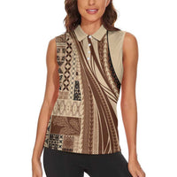 Pasifika Women's Day - Samoa Siapo Malu Tattoo Inspired Women Sleeveless Polo Shirt Beige LT7 - Polynesian Pride