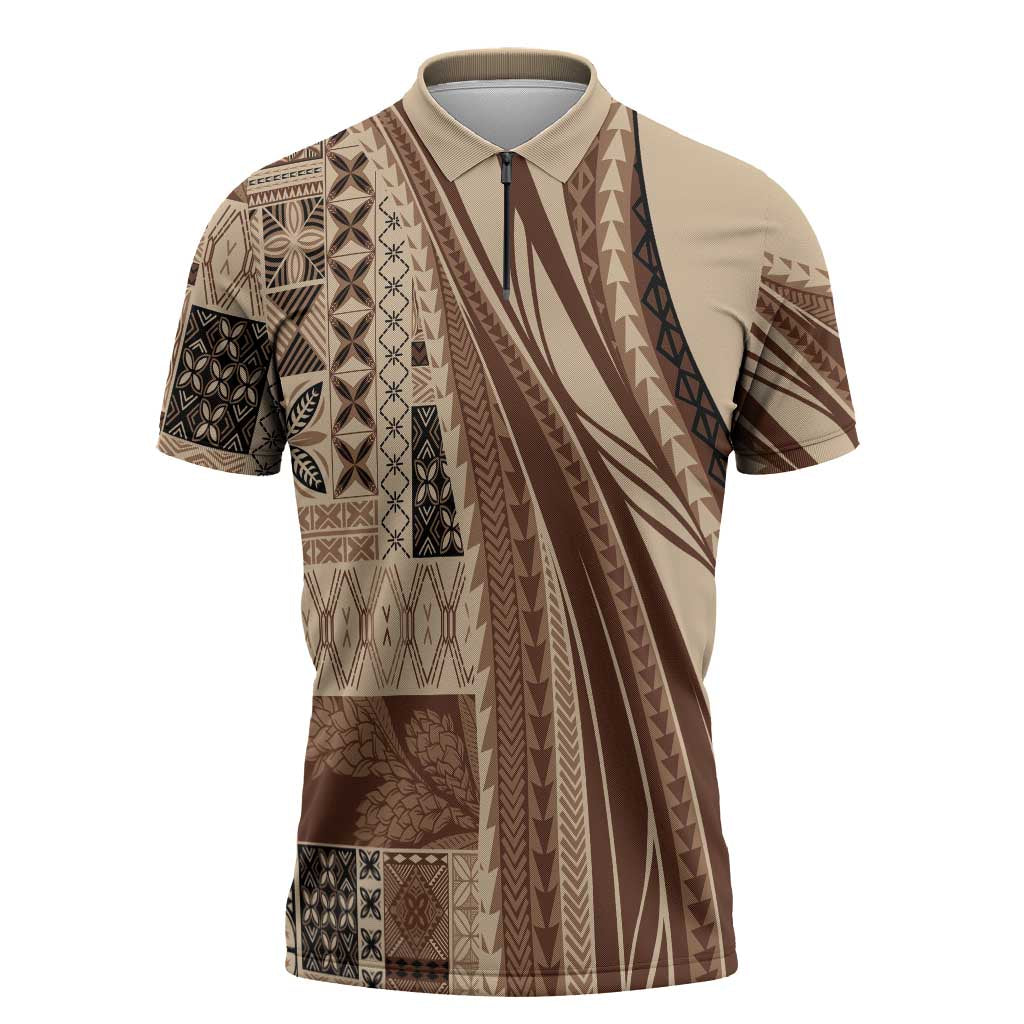 Pasifika Women's Day - Samoa Siapo Malu Tattoo Inspired Zipper Polo Shirt Beige
