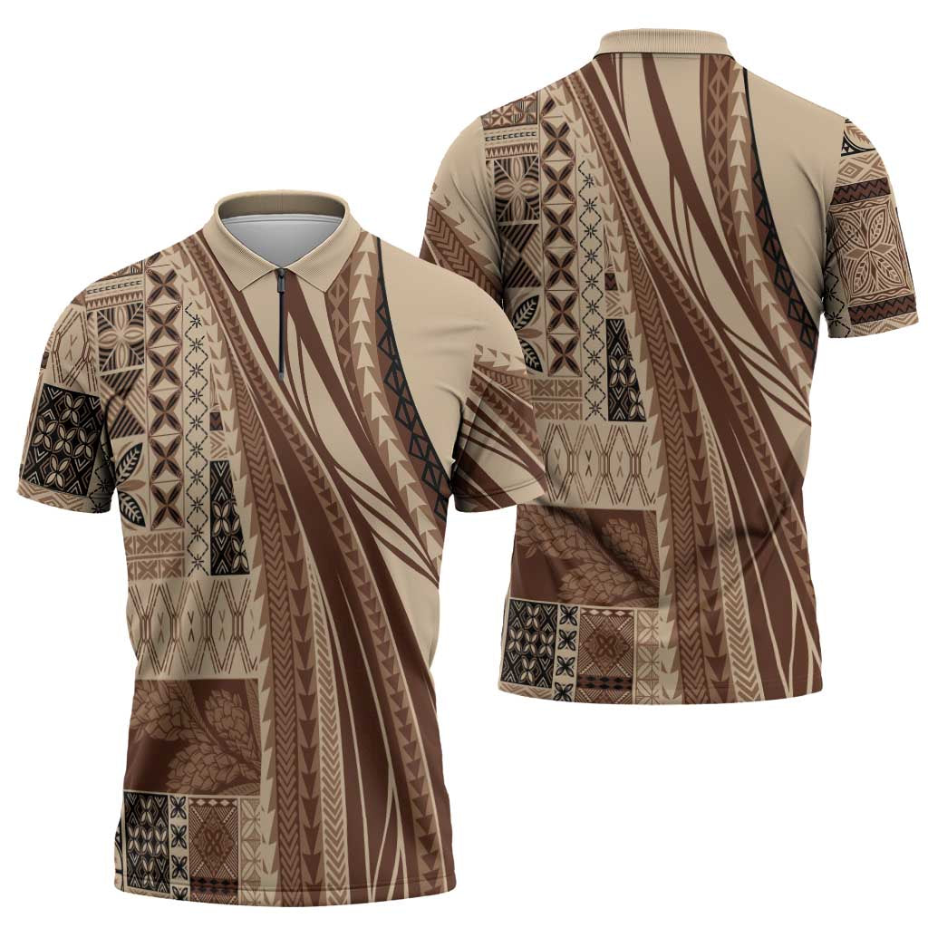 Pasifika Women's Day - Samoa Siapo Malu Tattoo Inspired Zipper Polo Shirt Beige