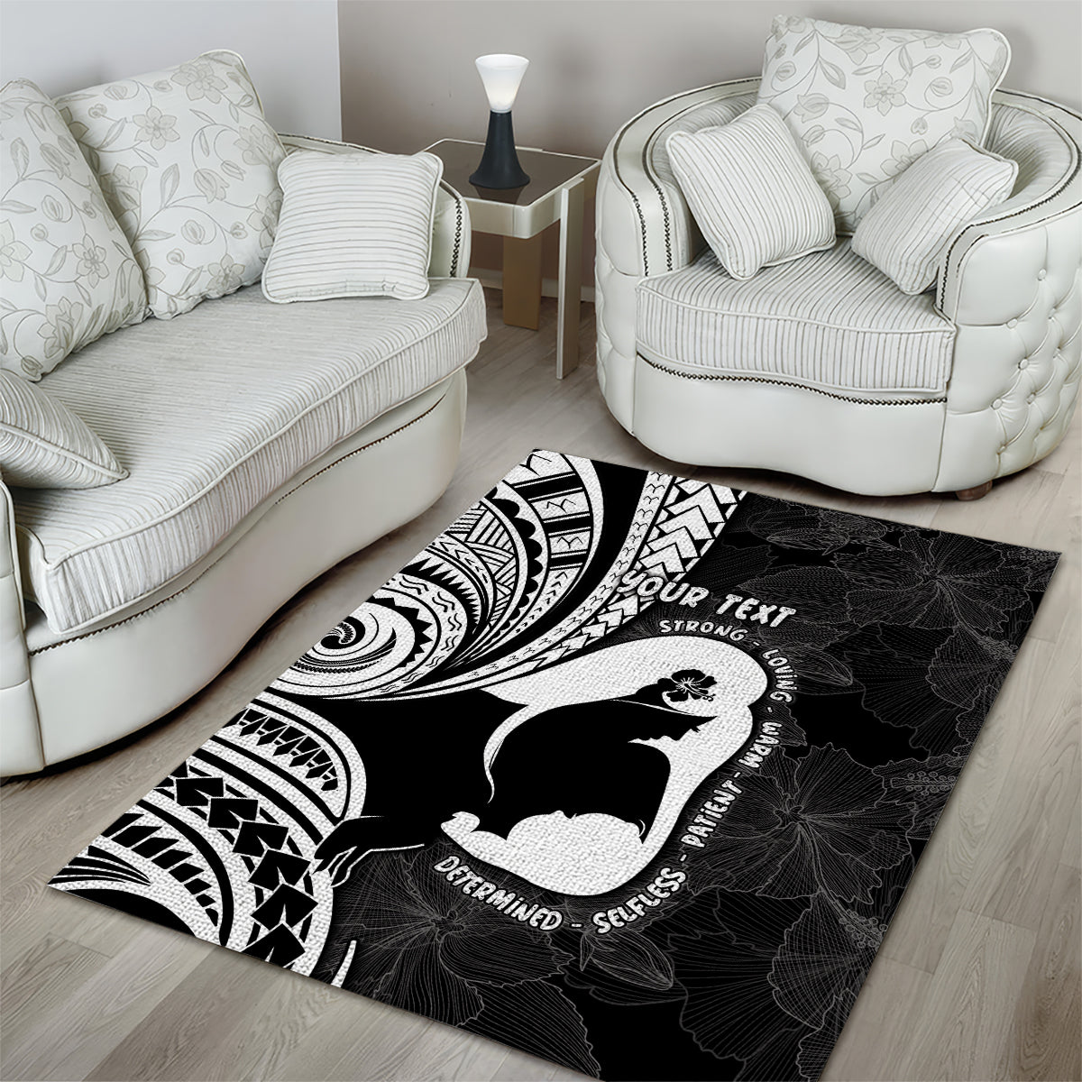 Mother's Day Area Rug Polynesia Vintage Hibiscus - Black