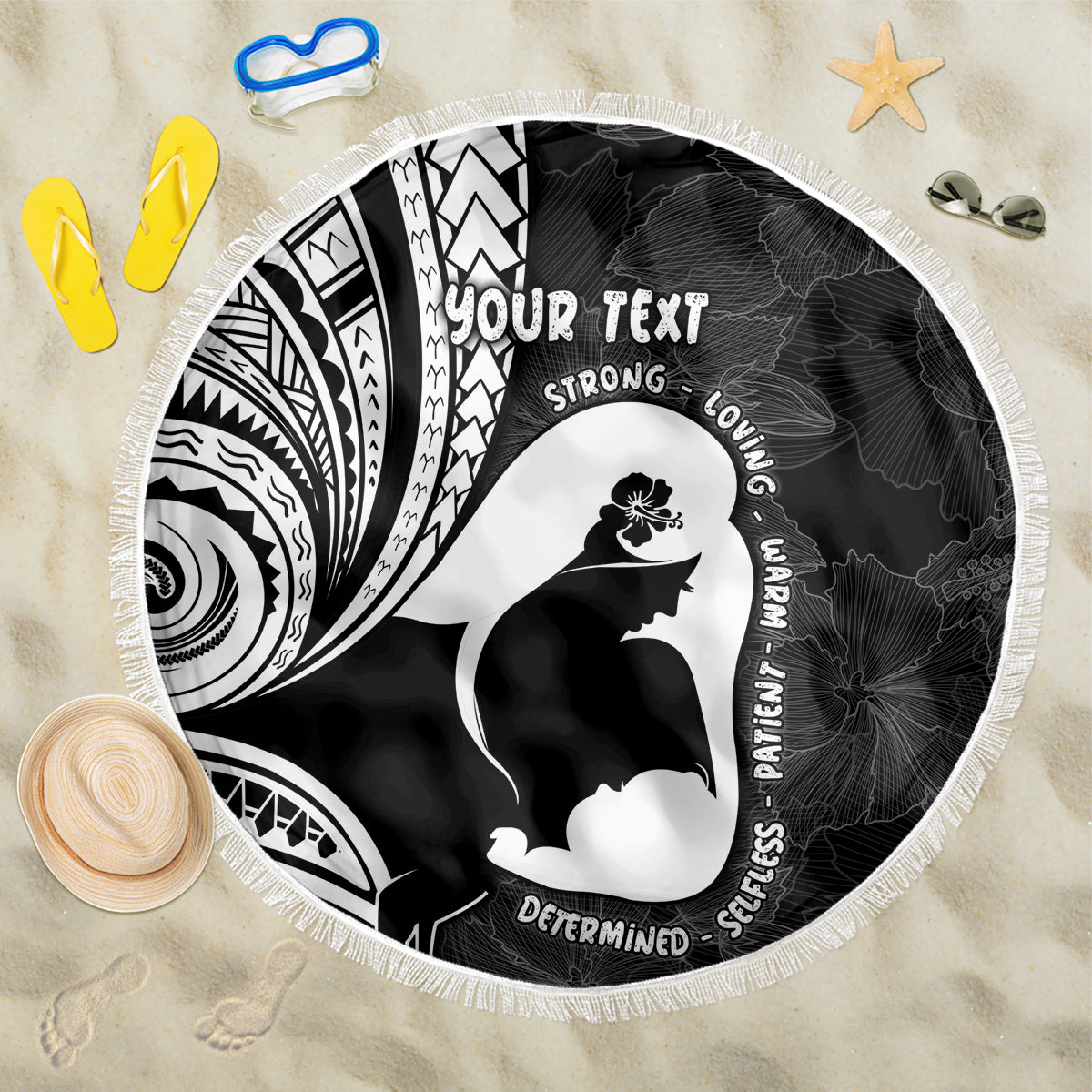 Mother's Day Beach Blanket Polynesia Vintage Hibiscus - Black LT7 One Size 150cm Black - Polynesian Pride