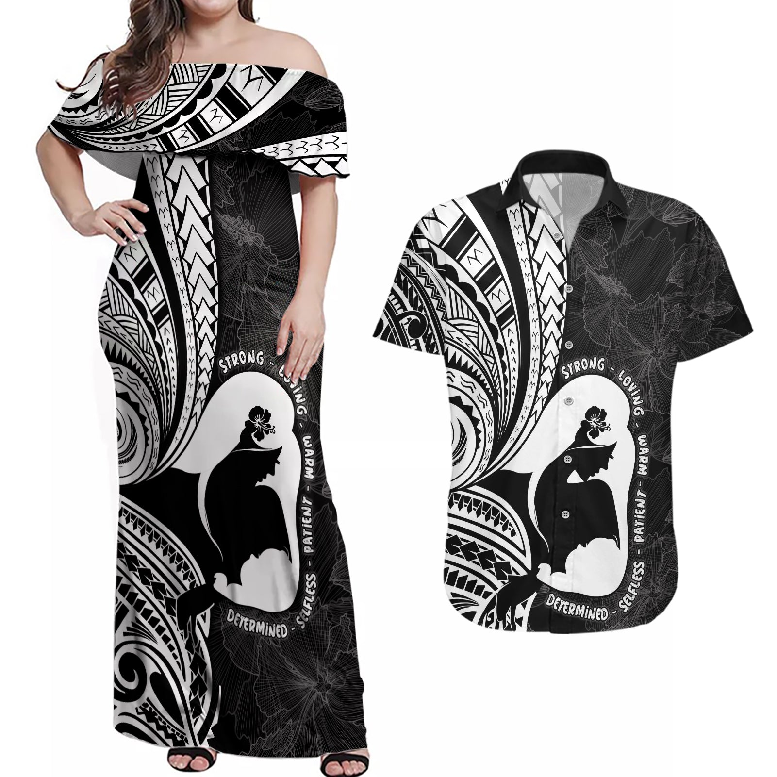 Mother's Day Couples Matching Off Shoulder Maxi Dress and Hawaiian Shirt Polynesia Vintage Hibiscus - Black