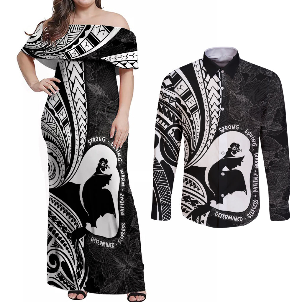 Mother's Day Couples Matching Off Shoulder Maxi Dress and Long Sleeve Button Shirt Polynesia Vintage Hibiscus - Black