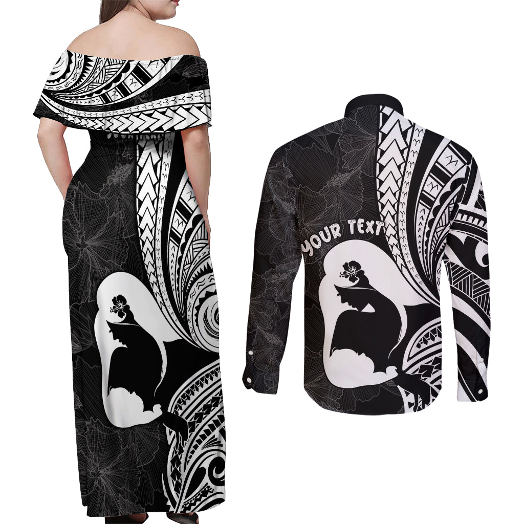 Mother's Day Couples Matching Off Shoulder Maxi Dress and Long Sleeve Button Shirt Polynesia Vintage Hibiscus - Black