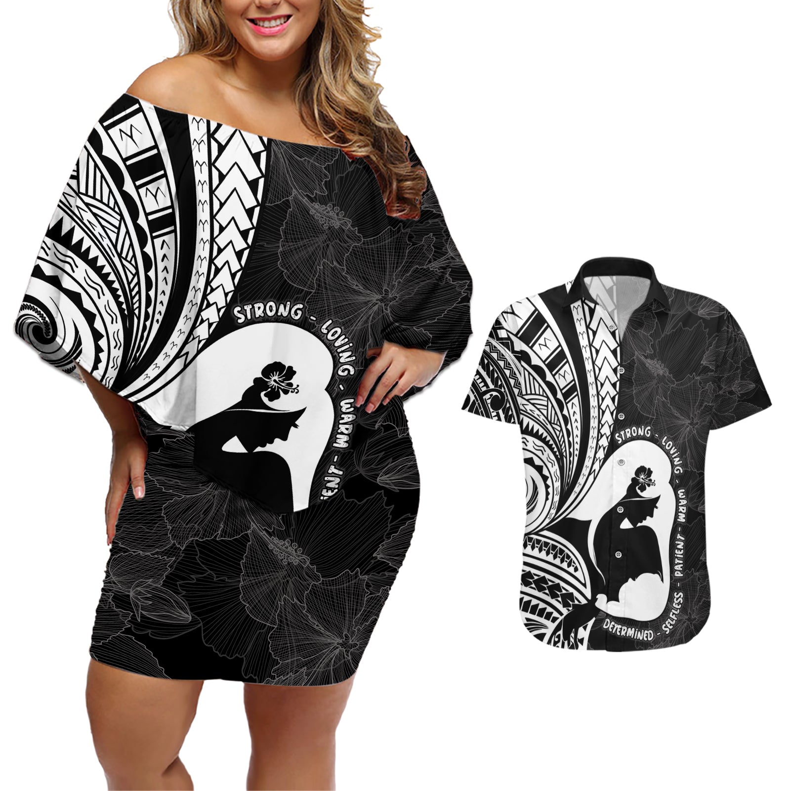 Mother's Day Couples Matching Off Shoulder Short Dress and Hawaiian Shirt Polynesia Vintage Hibiscus - Black