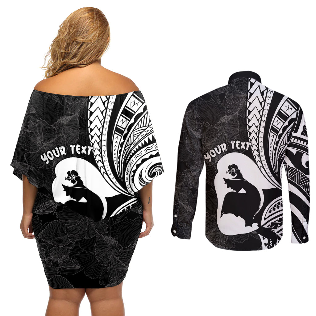 Mother's Day Couples Matching Off Shoulder Short Dress and Long Sleeve Button Shirt Polynesia Vintage Hibiscus - Black