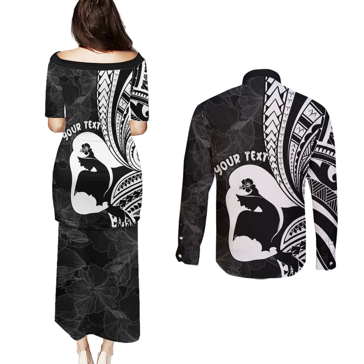 Mother's Day Couples Matching Puletasi and Long Sleeve Button Shirt Polynesia Vintage Hibiscus - Black LT7 - Polynesian Pride