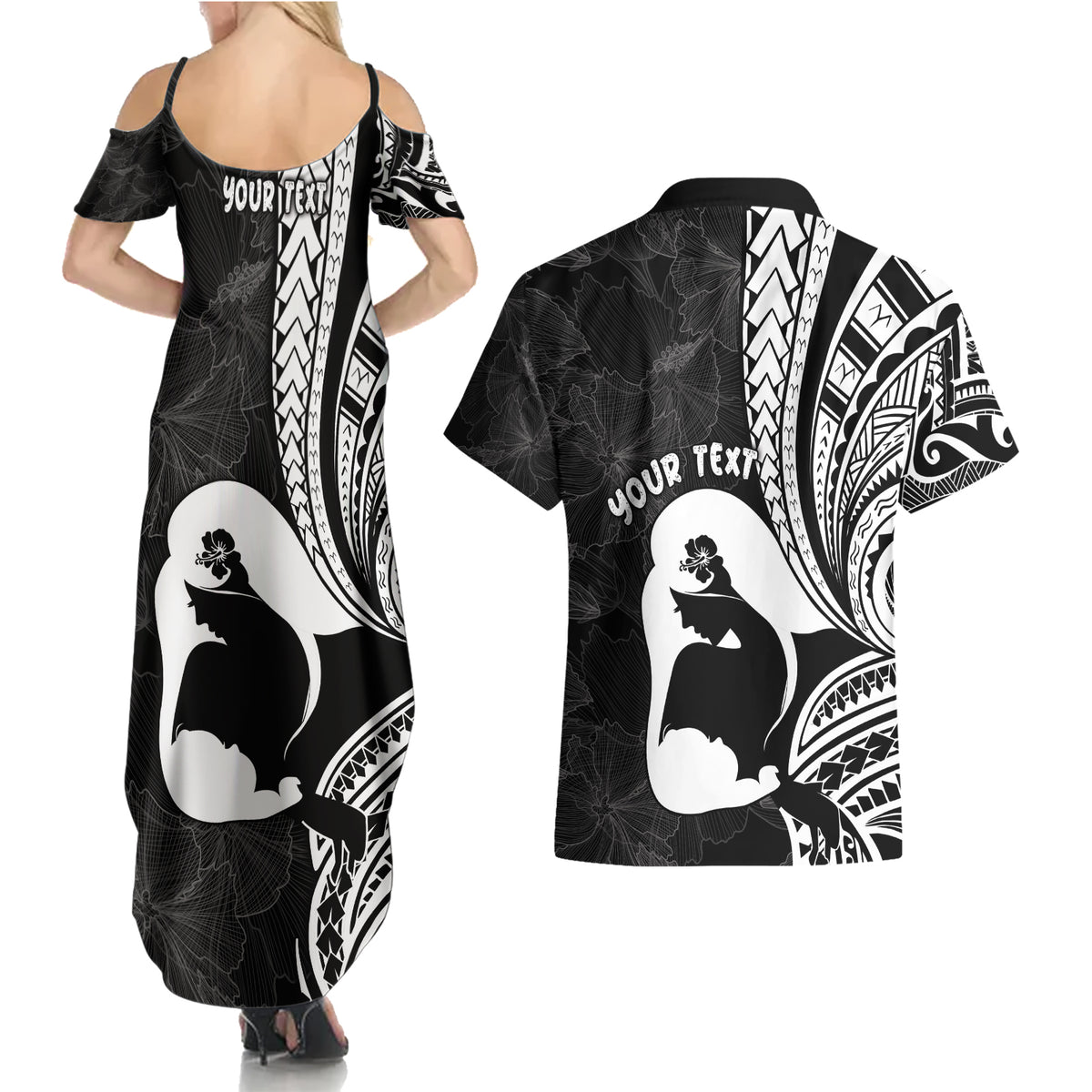 Mother's Day Couples Matching Summer Maxi Dress and Hawaiian Shirt Polynesia Vintage Hibiscus - Black