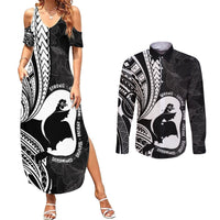 Mother's Day Couples Matching Summer Maxi Dress and Long Sleeve Button Shirt Polynesia Vintage Hibiscus - Black