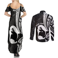 Mother's Day Couples Matching Summer Maxi Dress and Long Sleeve Button Shirt Polynesia Vintage Hibiscus - Black