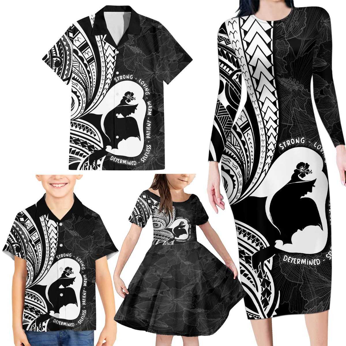 Mother's Day Family Matching Long Sleeve Bodycon Dress and Hawaiian Shirt Polynesia Vintage Hibiscus - Black