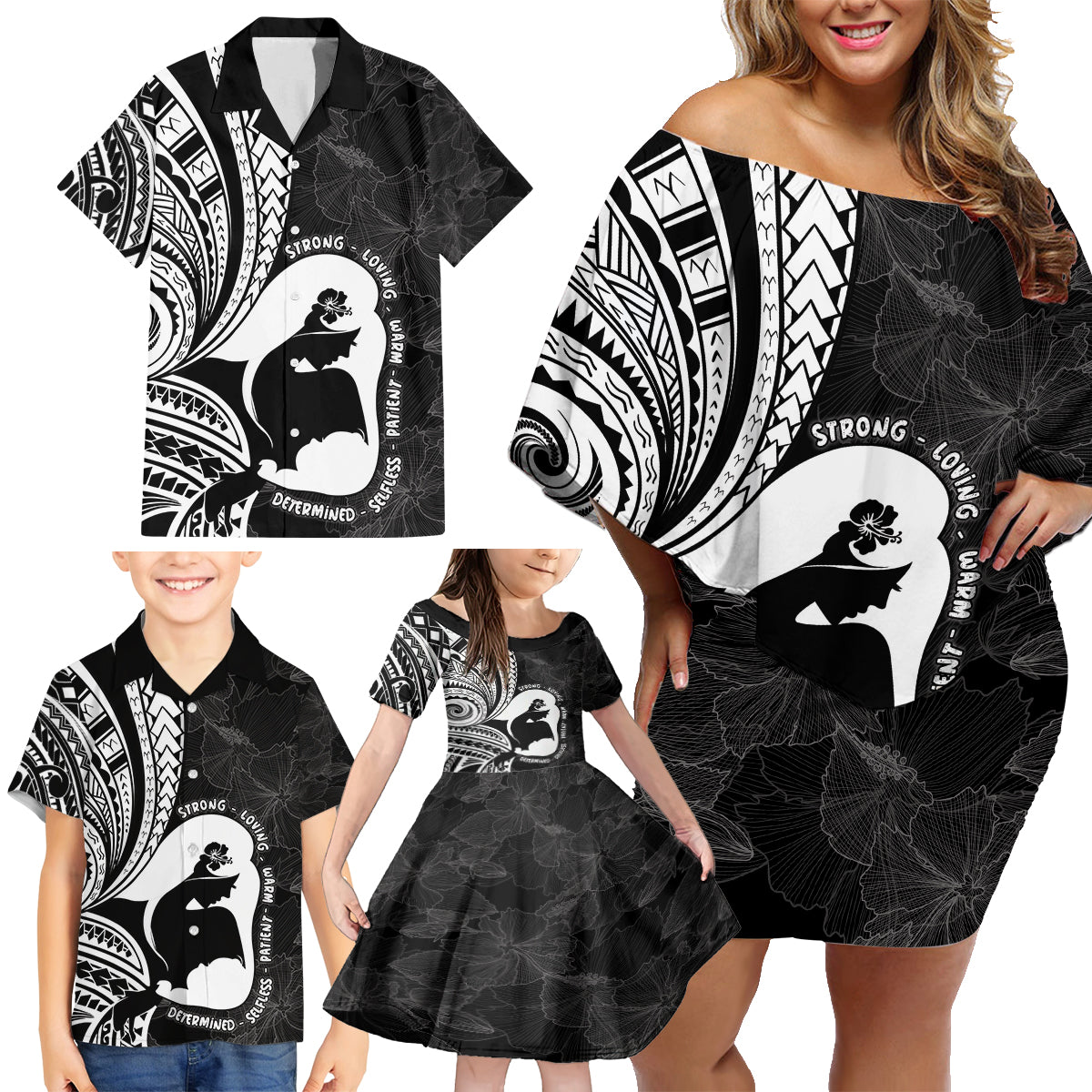 Mother's Day Family Matching Off Shoulder Short Dress and Hawaiian Shirt Polynesia Vintage Hibiscus - Black