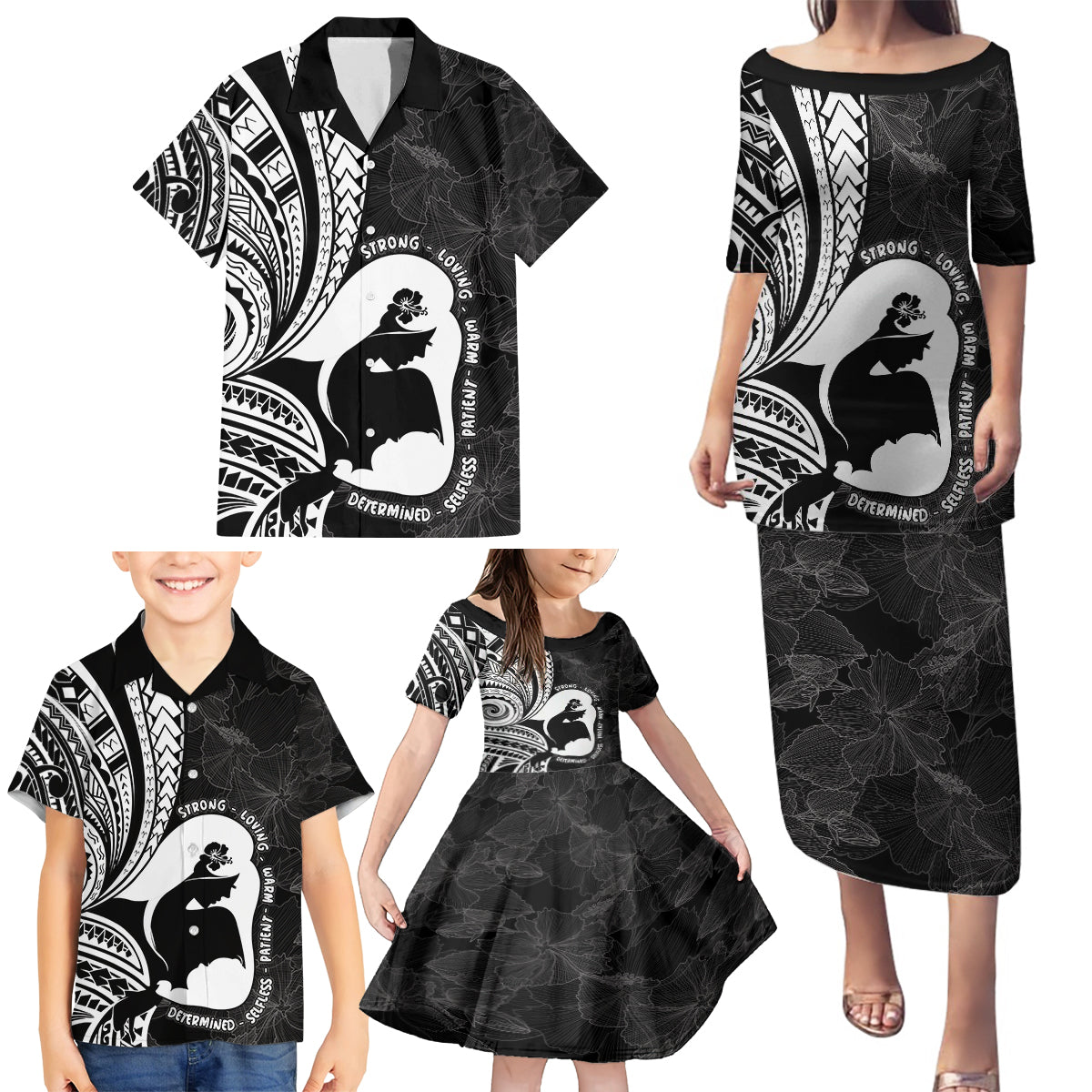 Mother's Day Family Matching Puletasi and Hawaiian Shirt Polynesia Vintage Hibiscus - Black