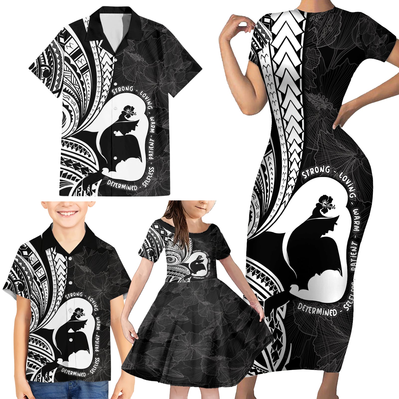 Mother's Day Family Matching Short Sleeve Bodycon Dress and Hawaiian Shirt Polynesia Vintage Hibiscus - Black