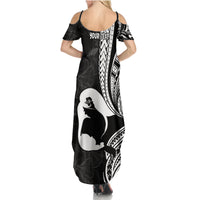 Mother's Day Family Matching Summer Maxi Dress and Hawaiian Shirt Polynesia Vintage Hibiscus - Black