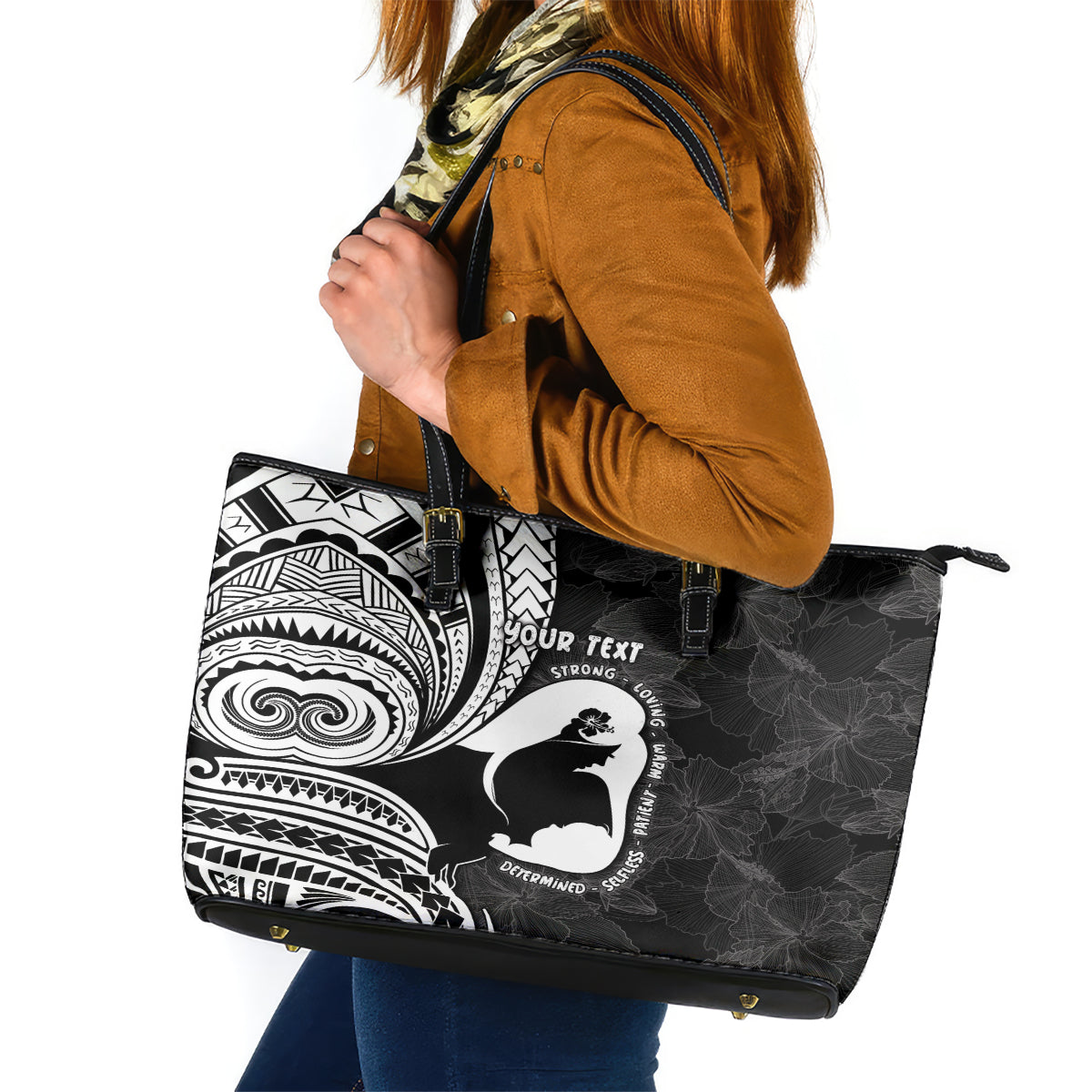 Mother's Day Leather Tote Bag Polynesia Vintage Hibiscus - Black LT7 Black - Polynesian Pride