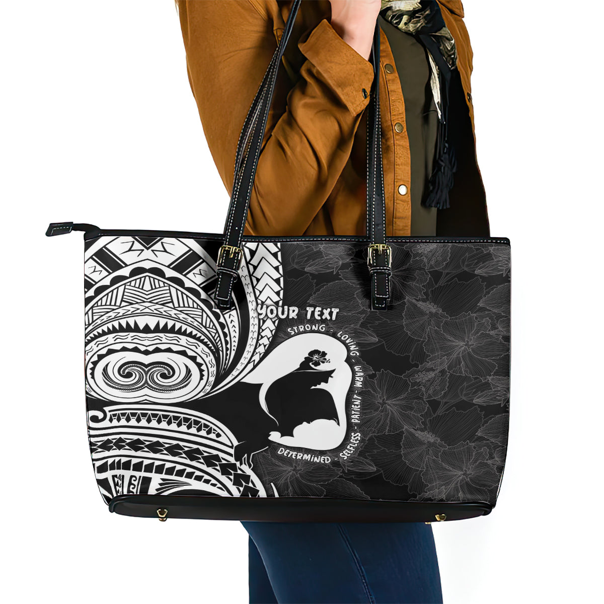 Mother's Day Leather Tote Bag Polynesia Vintage Hibiscus - Black LT7 - Polynesian Pride