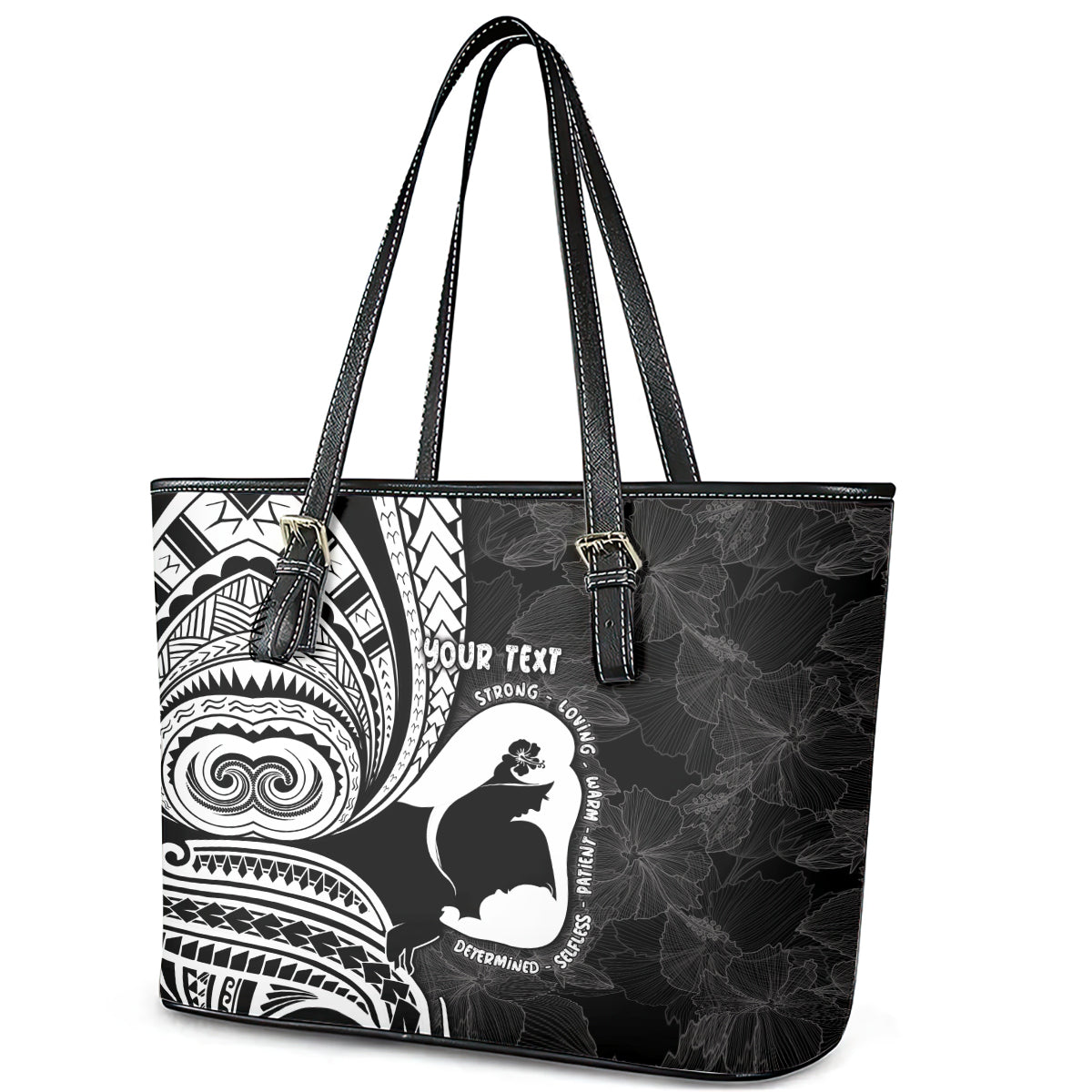 Mother's Day Leather Tote Bag Polynesia Vintage Hibiscus - Black LT7 - Polynesian Pride